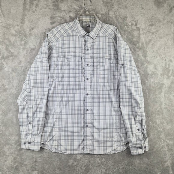 REI Other - REI Mens Hiking Shirt Medium Gray Plaid Stretch Long Sleeve Roll Tab Outdoor